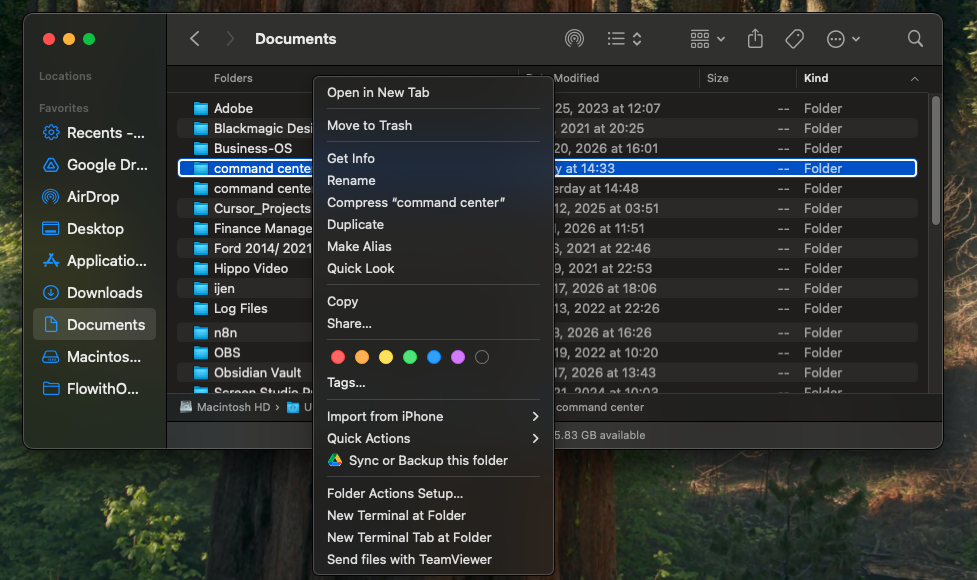 Right-click menu showing New Terminal at Folder